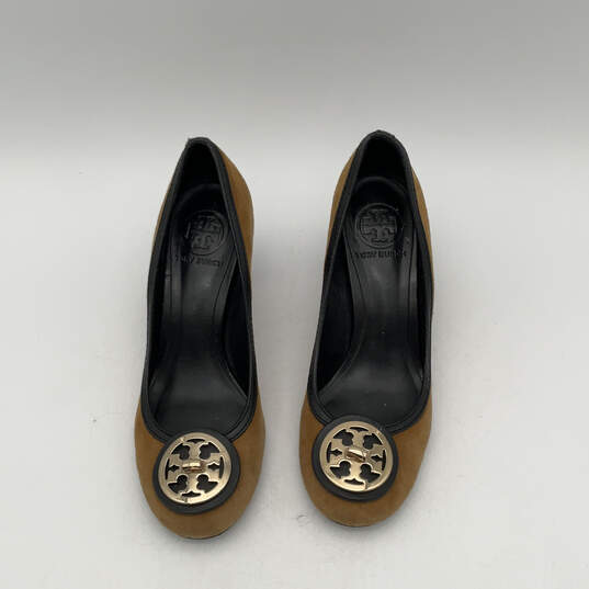 Womens Brown Black Leather Round Toe Slip-On Block Pump Heels Size 7 image number 2