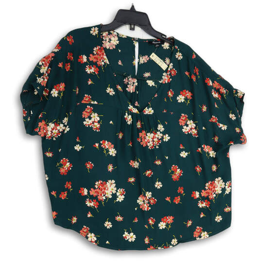 NWT Womens Green Floral V-Neck Short Sleeve Back Keyhole Blouse Top Size XL image number 1