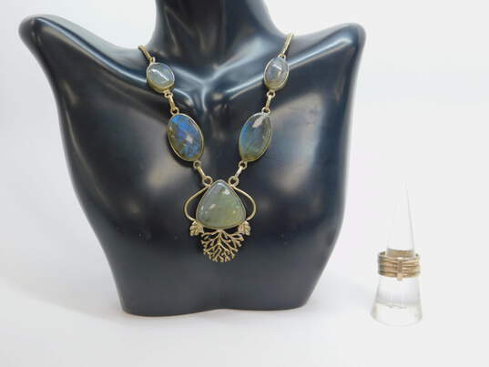 Artisan Sterling Silver Ethereal Labradorite Pendant Necklace & Stacked Ring 31.8g image number 1