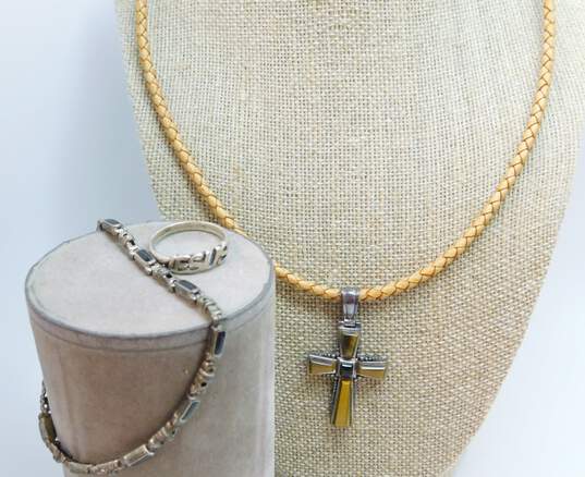 Artisan 925 Tigers Eye & Onyx Cross Pendant Cord Necklace Jesus Ring & Bracelet image number 1
