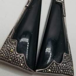 Sterling Silver Onyx Marcasite Art Deco Dangle Earrings 20.9g alternative image