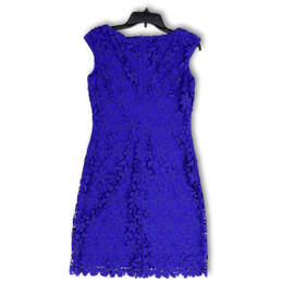 Womens Blue Floral Lace Bateau Neck Sleeveless Back Zip Sheath Dress Size 4 alternative image