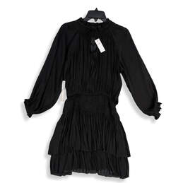 NWT Womens Black Ruffle Tie Neck Smocked Balloon Sleeve Mini Dress Size S