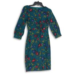 Womens Multicolor Floral Boat Neck 3/4 Sleeve Knee Length Sheath Dress Size 2