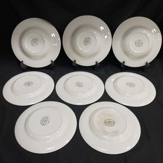 Bundle of 5 Josiah Wedgwood & Sons Ltd. Mayfair White and Green Floral Themed Ceramic Dinner Plates w/3 Matching Deep Dish Plates image number 2