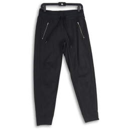 Womens Black Elastic Waist Zipper Pocket Tapered Leg Jogger Pants Size 4