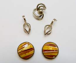 Zina & Artisan 925 Unique Cage Drop Post & Amber Lines Circle Clip On Earrings & Wavy Dome Ring 24.2g