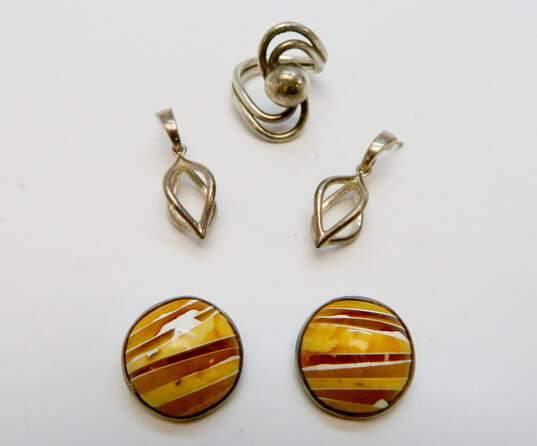 Zina & Artisan 925 Unique Cage Drop Post & Amber Lines Circle Clip On Earrings & Wavy Dome Ring 24.2g image number 1