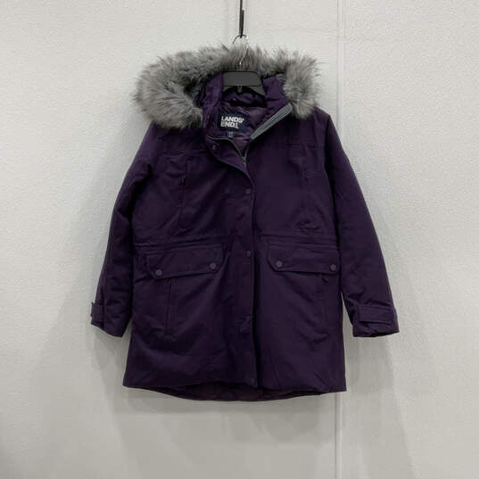 Womens Purple Long Sleeve Pockets Faux Fur Full-Zip Parka Jacket Size L/P image number 1