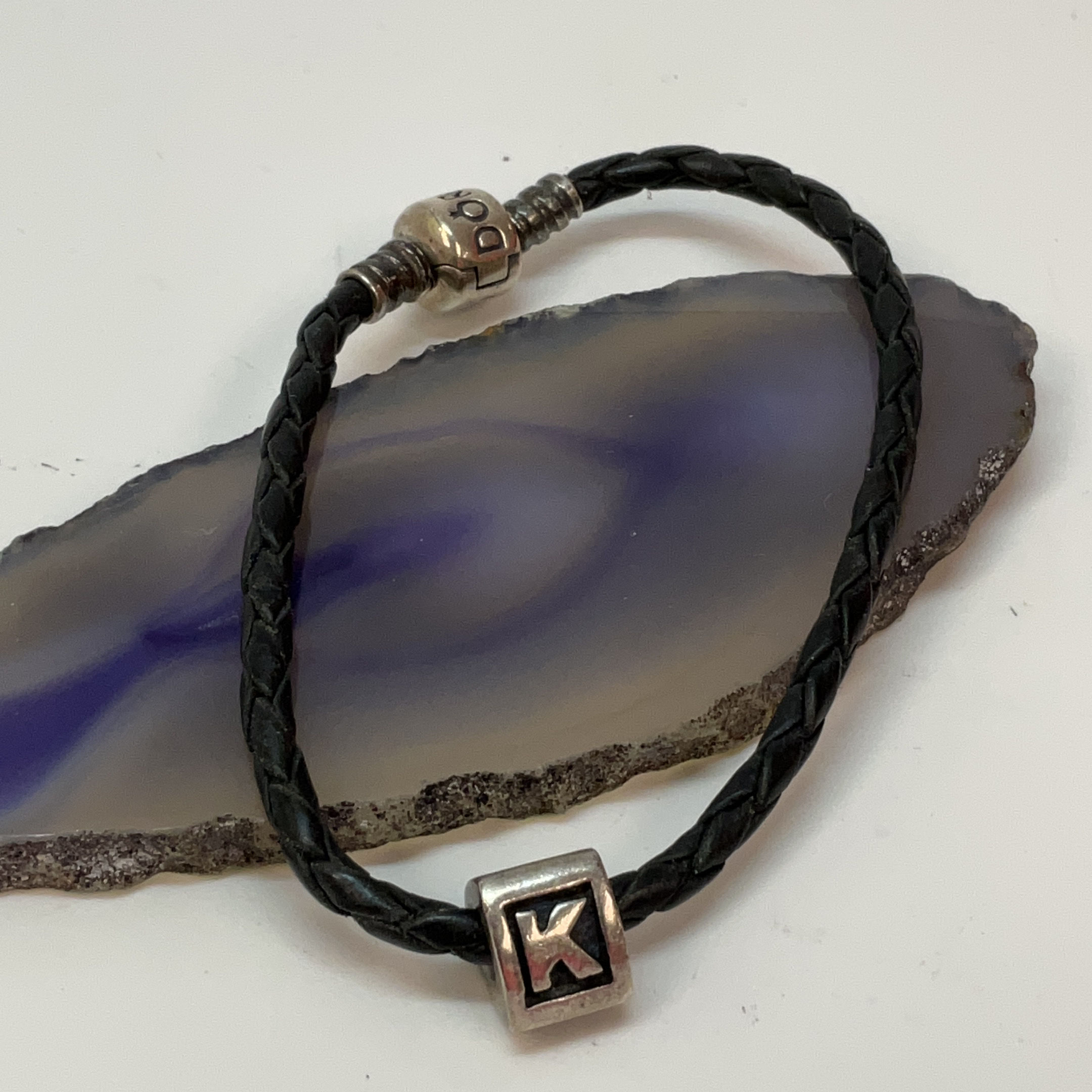 PANDORA grey single leather bracelet with sterling... - Depop