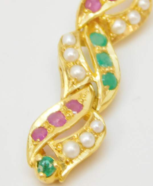 22K Gold Emerald Ruby & Pearls Braided Indian Wedding Style Drop Screw Post Earrings 10.7g image number 2