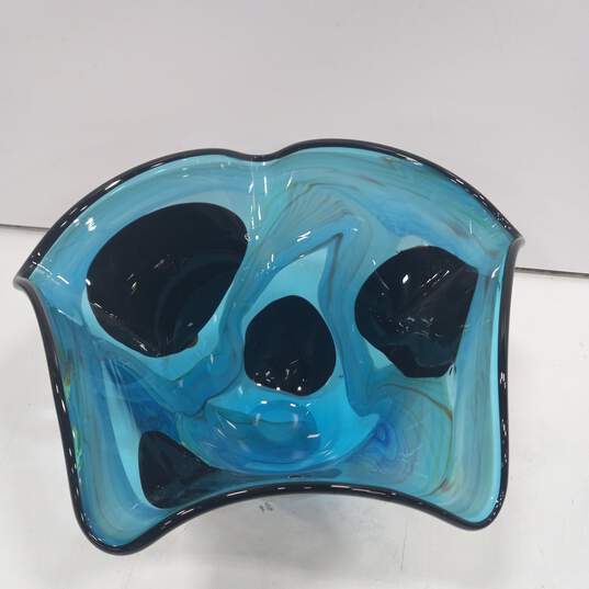 Set of 2 Hand Blown Heavy Glass Blue Ocean Motif Art Glass Vases image number 3