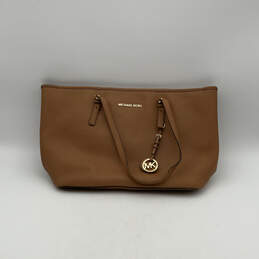 Womens Brown Leather Logo Charm Inner Pockets Tote Bag Purse Size Large