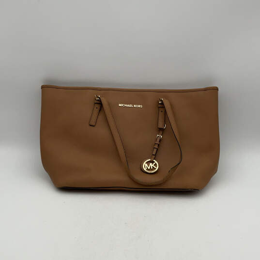 Womens Brown Leather Logo Charm Inner Pockets Tote Bag Purse Size Large image number 1