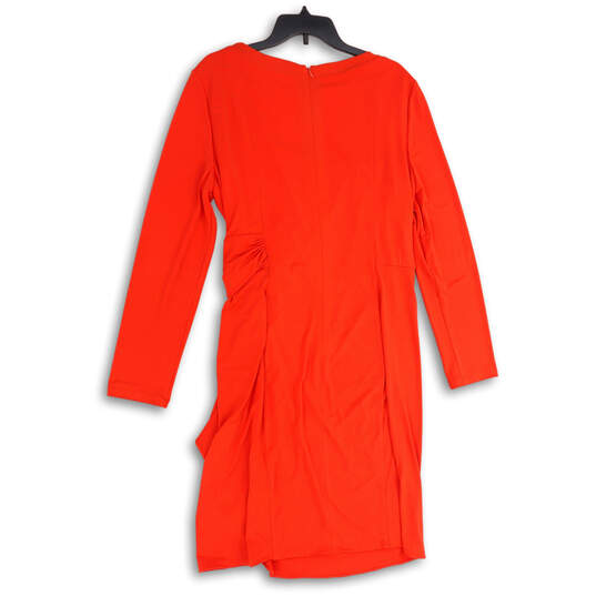Womens Red Round Neck Long Sleeve Side Drape Sheath Dress Size 16 image number 2