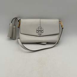 Tory Burch Womens White Gold Leather Tassel Detachable Strap Crossbody Bag Purse