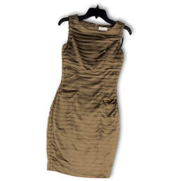 Womens Brown Pleated Round Neck Sleeveless Knee Length Bodycon Dress Size 2