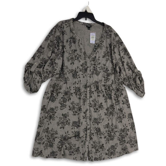 NWT Womens Gray Floral Roll Tab Sleeve Button Front Shirt Dress Size 4 image number 1