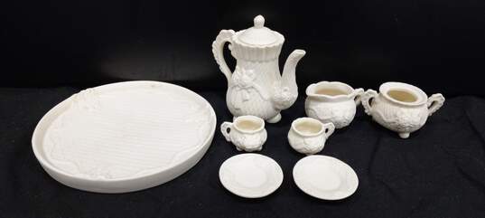 Beige Porcelain Tea Set w/Dish, Kettle, Cream and Sugar Dish, Tea Cups and Saucers image number 1