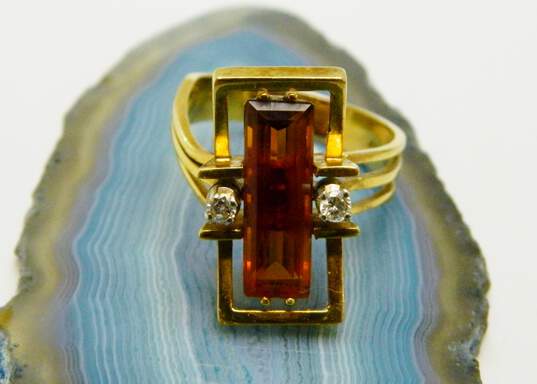 Vintage Mid Century 18K Yellow Gold Rectangle Citrine Round White Sapphire Side Stones Ring 7.3g image number 1