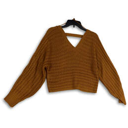 Womens Brown Knitted Long Sleeve V-Neck Cropped Pullover Sweater Size M alternative image