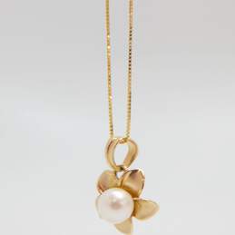 14K Yellow Gold Floral Pearl Pendant Necklace 3.1g