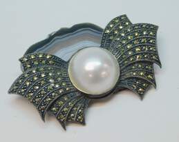 Romantic Judith Jack 925 Sterling Silver Marcasite & Faux Mabe Pearl Bow Brooch 21.0g alternative image