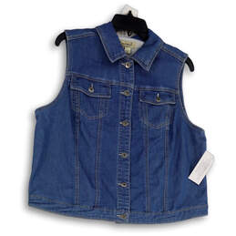 NWT Womens Blue Sleeveless Spread Collar Button Front Denim Vest Size L