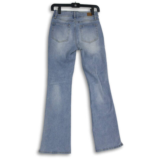 Womens Blue Medium Wash 5 Pocket Design Slit Flared Denim Jeans Size 3/26 image number 2