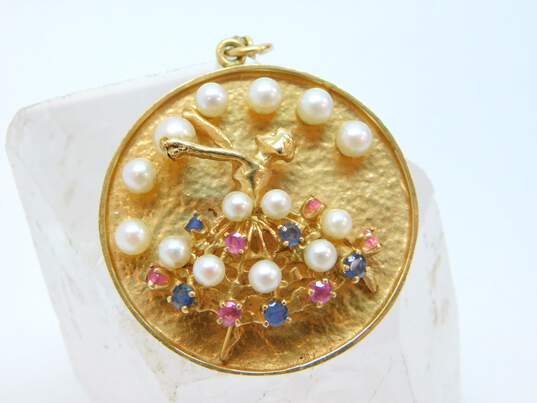 14K Gold Ruby Sapphire & White Pearls Ballerina Dancer Textured Circle Pendant Curb Chain Necklace 22.0g image number 3