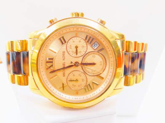 J. Crew Designer Icy Gold Tone Statement Necklace & Michael Kors MK-6155 Chronograph Watch 146.0g image number 3