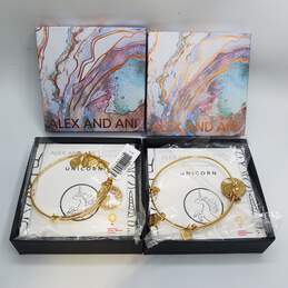 NIB Alex & Ani Gold Tone Enamel Unicorn Charm Bangle Bracelet Bundle 2pcs W/Box 23.2g