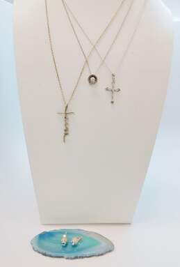925 Sterling Silver Blue Topaz Stud Earrings & CZ Cross Faith & Circle Pendant Necklaces 10.6g