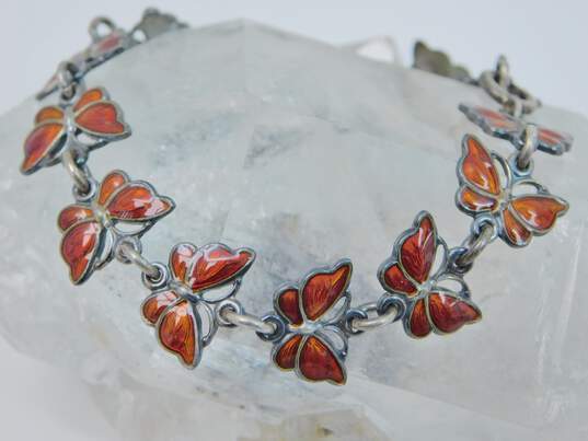 Vintage VB Denmark Signed Sterling Silver Red Enamel Butterfly Bracelet 10.5g image number 1