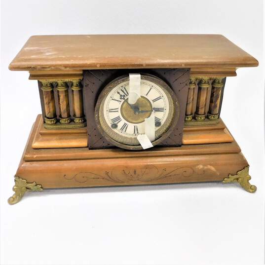 Vintage Ansonia Style Adamantine Style Wood Mantel Clock With Key image number 1