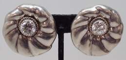 Taxco Sterling Silver Pleated Disc Chunky Cubic Zirconia Clip On Earrings 33.7g