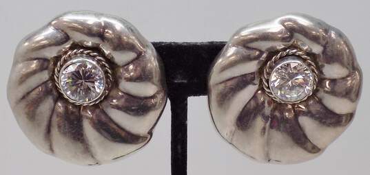 Taxco Sterling Silver Pleated Disc Chunky Cubic Zirconia Clip On Earrings 33.7g image number 1