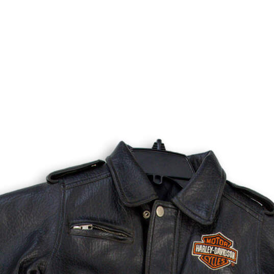 Boys Black Long Sleeve Collared Pockets Leather Motorcycle Jacket Size 5 image number 3