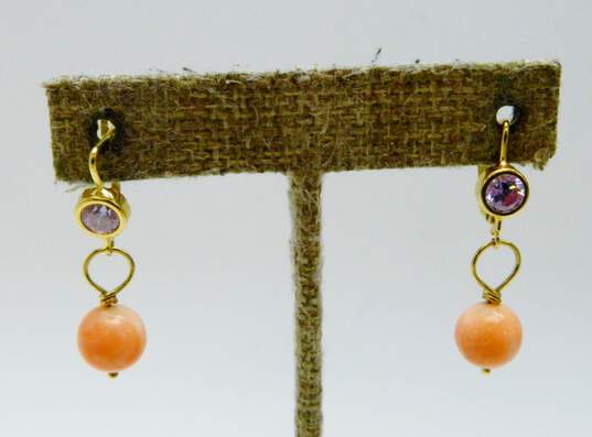18K Yellow Gold Purple CZ Coral Ball Bead Dangle Earrings 5.0g image number 2