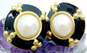 Vintage Givenchy Faux Pearl Black Enamel & Gold Tone Clip On Earrings 24.0g image number 3