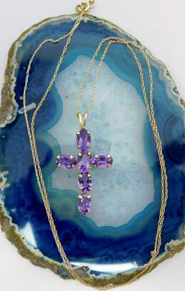 10K Yellow Gold Faceted Amethyst Cross Pendant Chain Necklace 1.4g