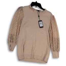 NWT Womens Beige Knitted Lace Round Neck Long Sleeve Pullover Sweater Sz S