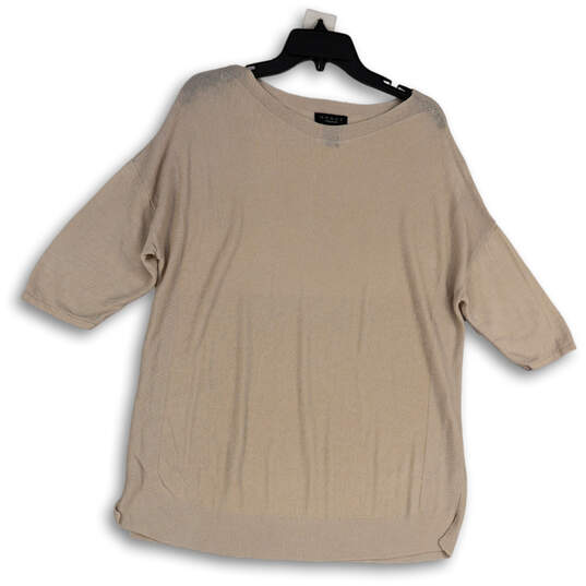 Womens Tan Short Sleeve Round Neck Side Slit Pullover Blouse Top Size M image number 1