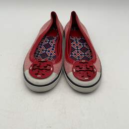 Tory Burch Womens Red White Leather Round Toe Slip On Ballet Flats