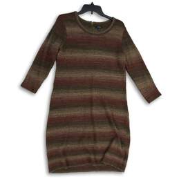 Womens Brown Round Neck Long Sleeve Back Zip Shift Dress Size Large