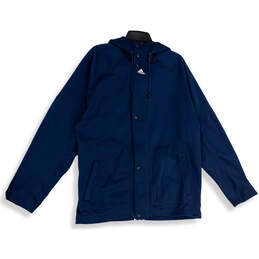 Mens Blue Long Sleeve Welt Pocket Hooded Button Front Athletic Jacket Sz L