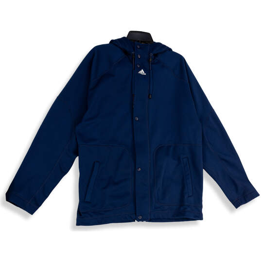 Mens Blue Long Sleeve Welt Pocket Hooded Button Front Athletic Jacket Sz L image number 1