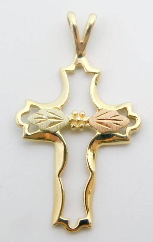 10K Yellow & Rose Gold Flower & Etched Leaves Open Scalloped Cross Pendant 1.5g image number 3