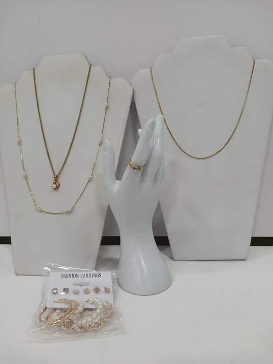 Bundle of Gold and Pearl-Tone Costume Jewelry image number 1