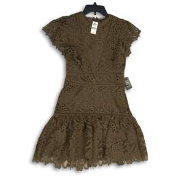 NWT Express Womens Brown Floral Lace Cap Sleeve Back Zip Mini Dress Size XS